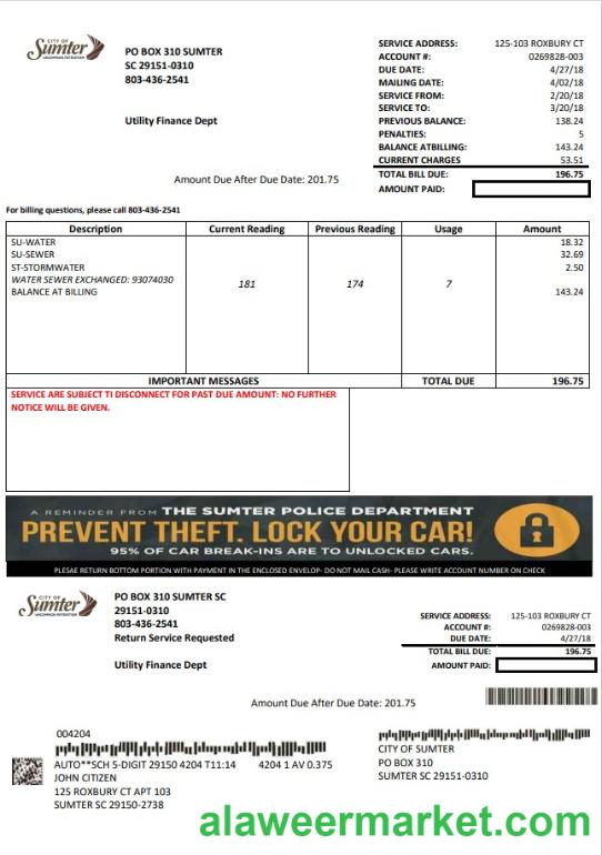 USA City of Sumter South Carolina water utility bill template in Word and PDF format